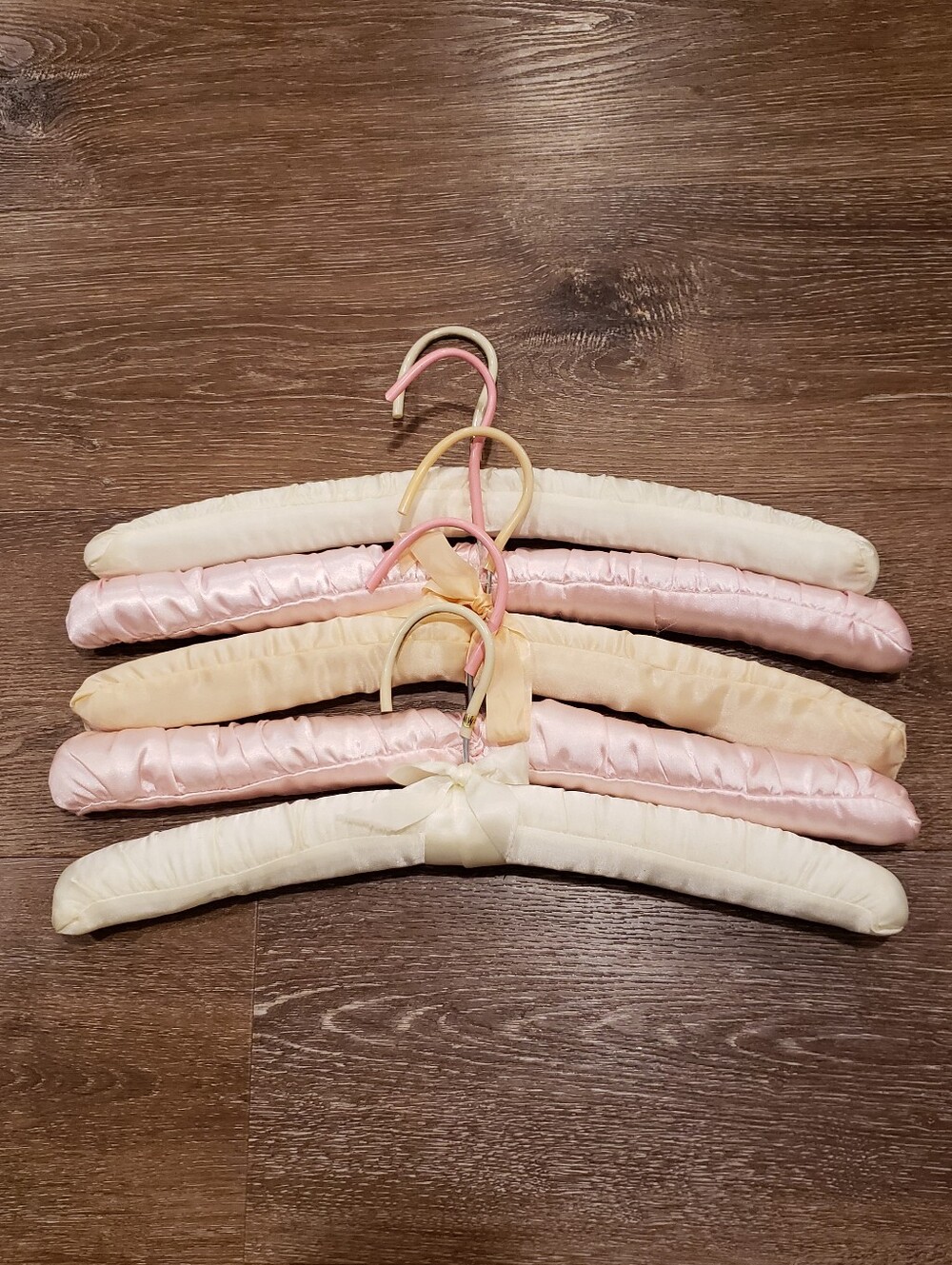 Vintage 90s Victorian style pale yellow peach pink satin padded hanger, Lot Of 5